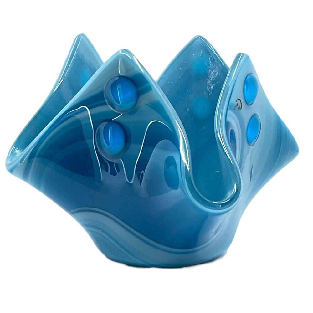 Blue Swirl Art Glass Handkerchief Vase Candle Holder Glass MCM Vintage